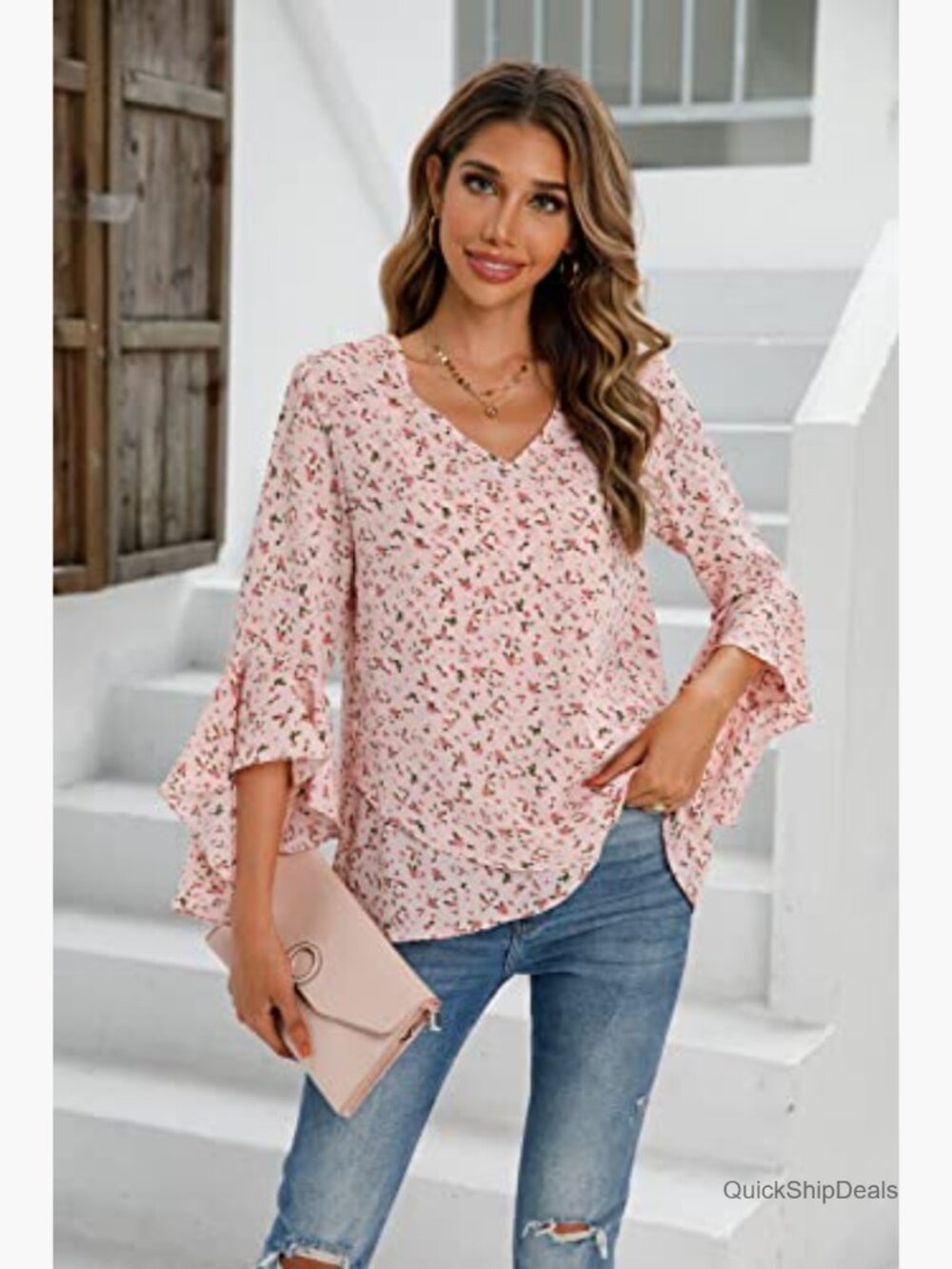 Floral V-Neck Bell Sleeve Blouse Dressy Casual T-Shirt - Picture 4 of 7